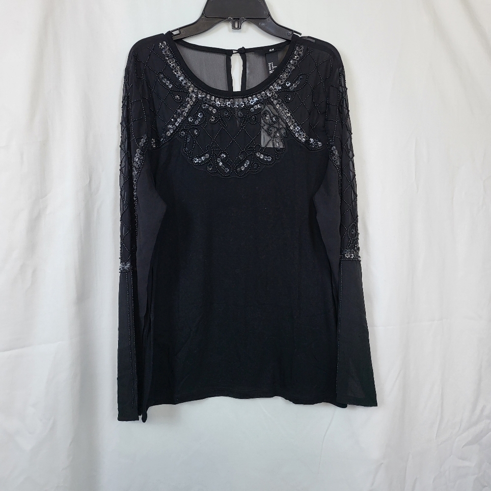 H&M Womens Black Beaded Sequin Chiffon‎ Long Sleeve Evening Blouse M New Party